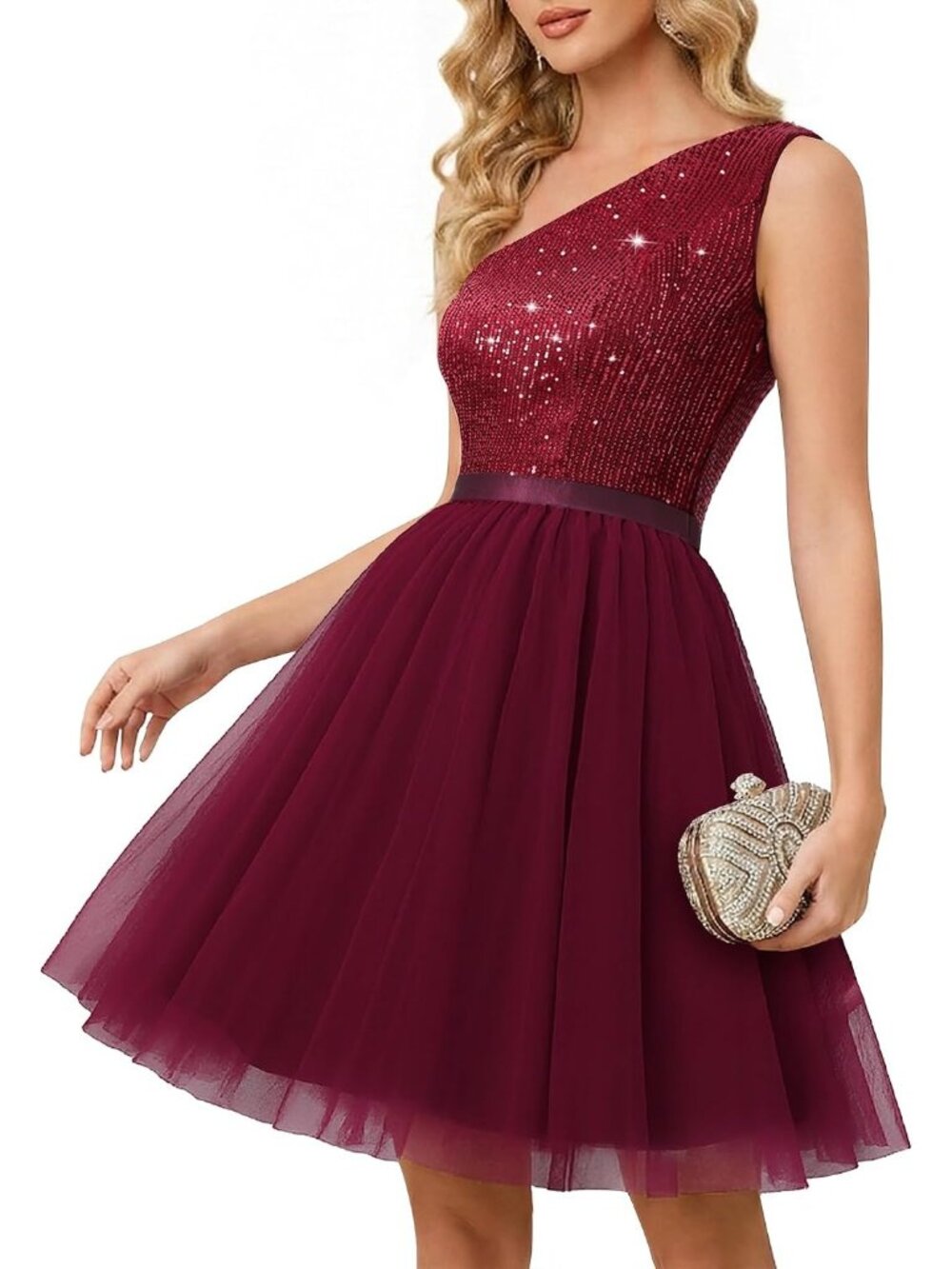 Women's Burgundy One Shoulder A-line Silhouette Cocktail Bodycon Maxi Dress